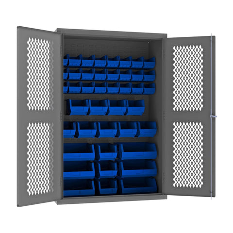 Oakestry Heavy Duty Cabinet 14 Gauge 48 x 24 x 72 42 Blue Bins Flush Ventilated Doors Lockable Chrome Handle with Keys Gray