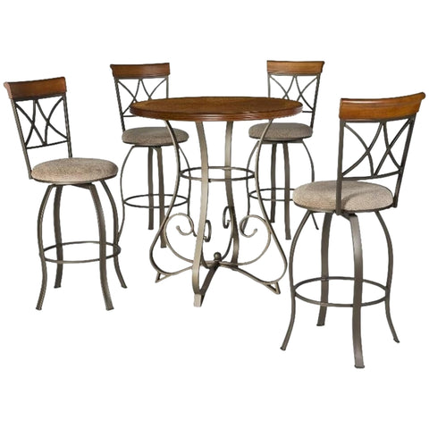 Oakestry Hamilton 5-Piece Swivel Pub Set with Cherry Finish Table & Diamond-Back Swivel Bar Stools, Pewter & Bronze Metal Frame