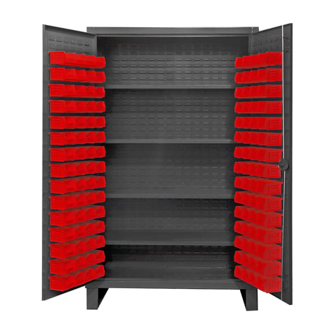 Oakestry Extra Heavy Duty 12-Gauge Steel Storage Cabinet with Adjustable Shelves & Bins, Recessed Locking Louvered Doors, Industrial Garage Office Utility Cupboard Organizer (Grey, Red)