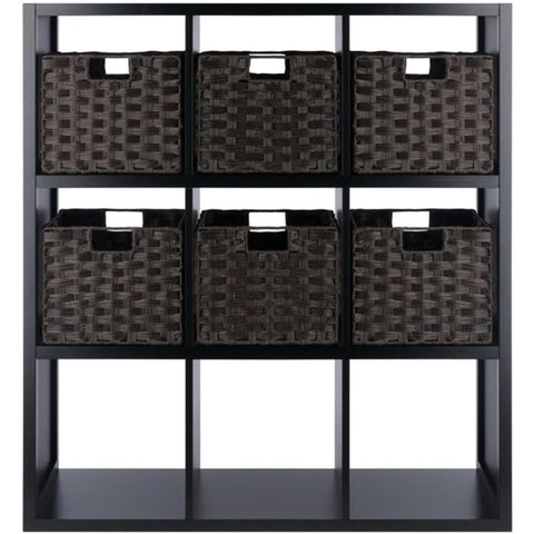 Oakestry Wood Timothy 7-Piece 3x3 Storage Shelf with 6 Foldable Woven Baskets, Black & Chocolate – Modular Organizer for Living Room, Bedroom, or Home Office