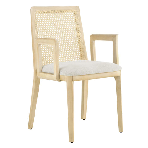 Oakestry Monarch Wood and Rattan Dining Armchair Modern Farmhouse Accent Chair Cane Back Upholstered Fabric Seat Solid Beech Wood Frame Armrest Dining Living Room Furniture