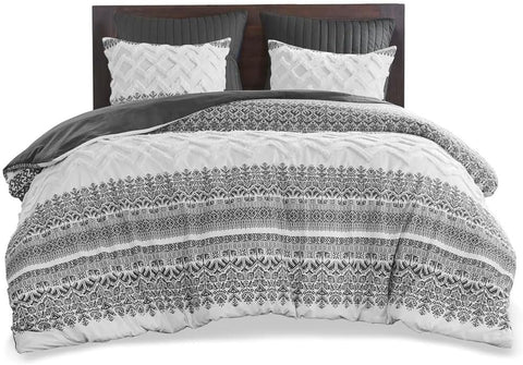 3-Piece Chic Chevron Chenille Tufting Boho Cotton Comforters King Lightweight All Season Cozy Bedding with Matching-Shams, King/Cal King, Grey