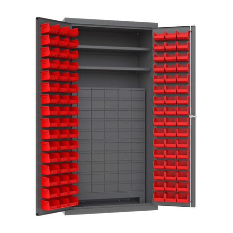 Oakestry Heavy Duty Cabinet 14 Gauge 2 Adjustable Shelves 96 Yellow Bins 60 Drawers Flush Doors with Louvered Panel Lockable Chrome Handle with Keys (Grey, Red)