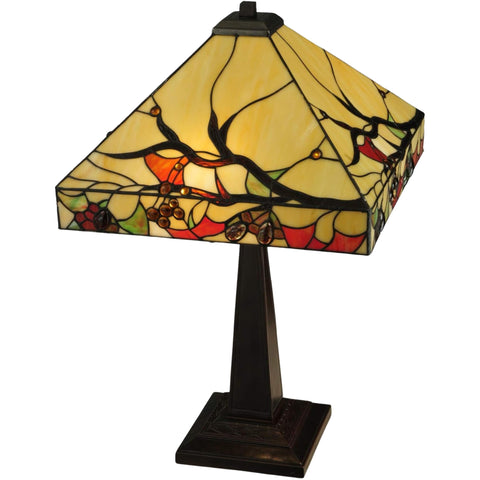 Oakestry 23" Woodland Berries Table Lamp, Tiffany Style Beige Brown Stained Glass with Red Green Accents, Mahogany Bronze Base