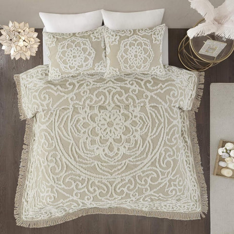 2-Piece 100% Cotton Laetitia Quilt Set Breathable and Lightweight Reversible Chenille Tufted Medallion Design Soft Cozy Sham, Full/Queen, Taupe