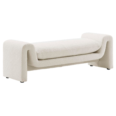 Oakestry Waverly Boucle Fabric Bench, Modern Curved Accent Bench with Removable Cushion Cover, Upholstered Entryway Bedroom Living Room Bench, Ivory