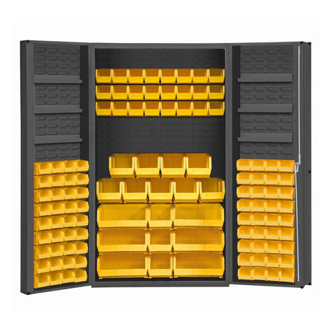 Oakestry Heavy Duty 14-Gauge Steel Storage Cabinet with 114 Bins & 6 Door Shelves, 4” Deep Box Doors, Lockable Chrome Handle with Keys (Grey, Yellow)