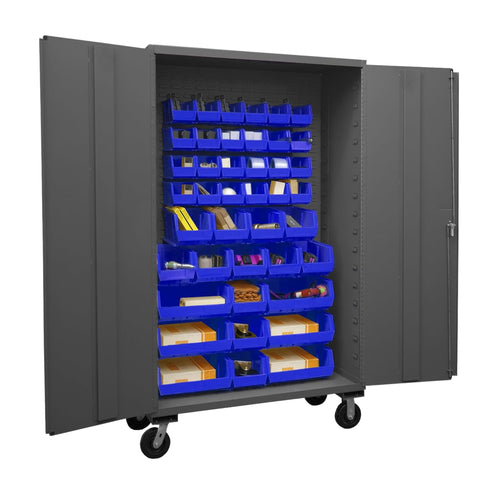 Oakestry Mobile Cabinet 48 x 24 x 81 in 16 Gauge Steel 42 Blue Bins Flush Doors 6 x 2 Phenolic Casters Lockable Chrome Handle Gray Storage Cabinet