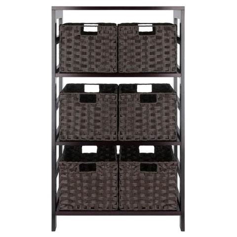 Oakestry Leo 3-Tier Wide Wood Storage Shelf with 6 Foldable Woven Baskets, Espresso – Versatile Organizer for Living Room, Home Office, Bedroom, or Closet