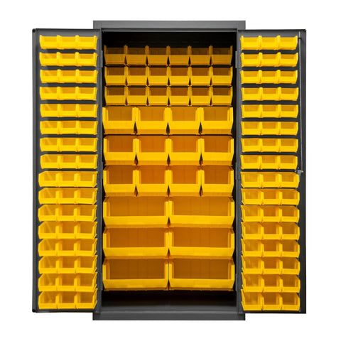 Oakestry Heavy Duty Cabinet 14 Gauge 36 x 24 x 72 132 Yellow Bins Flush Doors with Louvered Panel Lockable Chrome Handle with Keys Gray