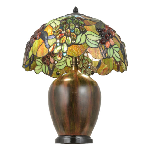 Oakestry 21.5" Vinifera Tiffany Style Table Lamp, Grape Cluster Stained Glass Shade, Mahogany Bronze Base, Dual E26 Decorative Vintage Accent Lamp