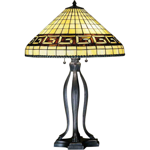 Oakestry 30" Greek Key Table Lamp, Olive Brown & Parthenon Beige Stained Glass, Mahogany Bronze Base