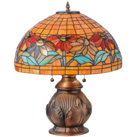 Oakestry 19.5" Black Eyed Susan Table Lamp, Tiffany Style Red Blue Stained Glass with Green Accents, Antique Copper Base, Floral Lighting