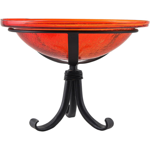 Oakestry 12" Red Crackle Glass Birdbath with Wrought Iron Tripod Stand, Outdoor Bird Bath for Garden, Patio, Deck, Small Spaces