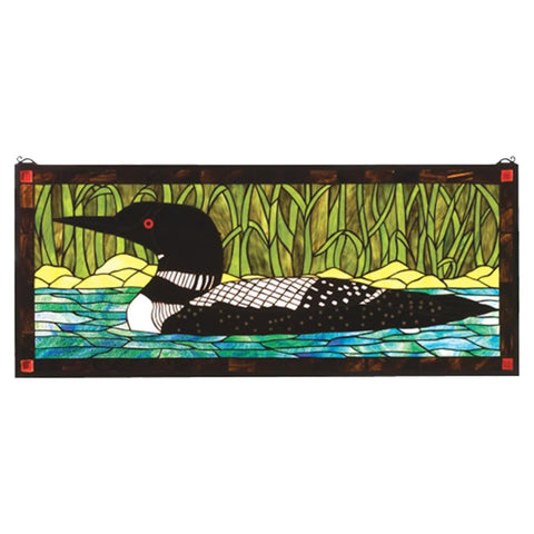 Oakestry 40 Inch W x 17 Inch H Loon Stained Glass Window Panel Decorative Art Glass Wall Hanging Suncatcher Lake Inspired Accent for Living Room Entryway Bedroom Home Decor