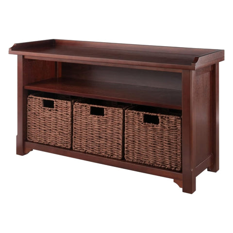 Oakestry Milan 4 Pc Storage Bench Walnut Entryway Organizer Seat with 3 Foldable Woven Baskets Hallway Shoe Rack Living Room Bedroom Wood Bench Home Furniture Storage Solution