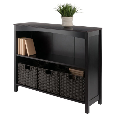 Oakestry Terrace 4-Piece Wood Storage Shelf with 3 Foldable Woven Baskets, Walnut & Chocolate – Versatile Organizer for Bedroom, Living Room, Office, or Closet