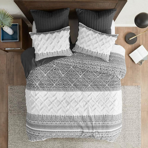 3-Piece Botanic Printed Chic Chevron Chenille Tufting Lightweight Cotton Comforter Set All Seasons with Shams, 2 Shams, Mila, Full/Queen Grey