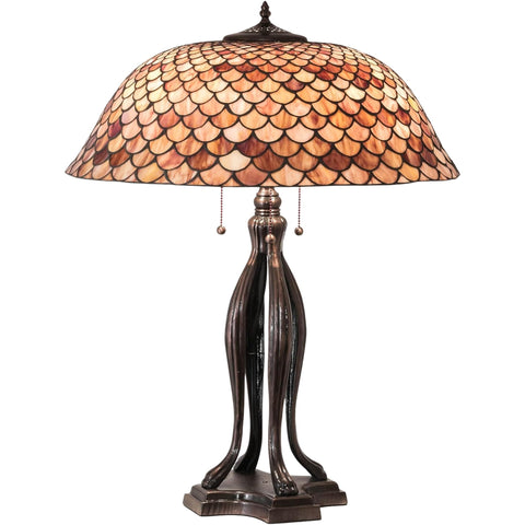 Oakestry 30" Tiffany Fishscale Table Lamp, Mauve Amber Beige Stained Glass Shade, Mahogany Bronze Base, 3-Light E26 Decorative Accent Lamp