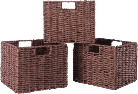 Oakestry Tessa 3-Piece Small Foldable Basket Set, Walnut – Farmhouse-Style Woven Storage Bins with Handles for Kids’ Rooms, Kitchen, Mudroom, and Home Organization