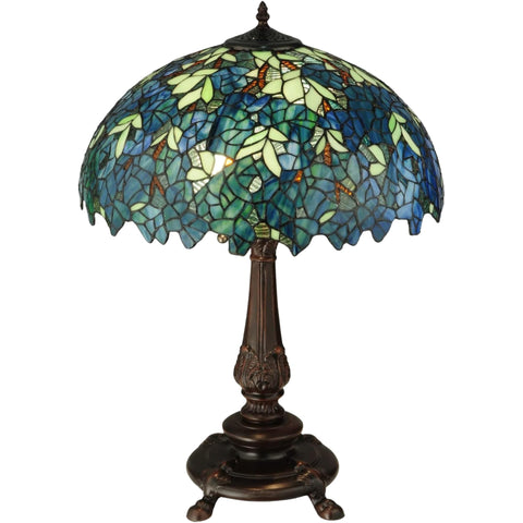 Oakestry 26" Nightfall Wisteria Table Lamp, Tiffany Style Blue Green Stained Glass Shade, Mahogany Bronze Base, Vintage Floral Lighting