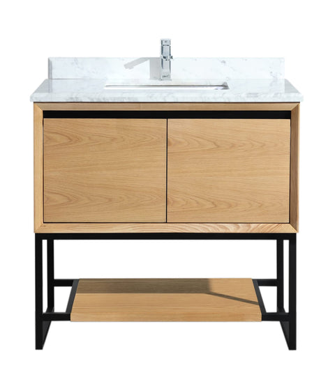 Oakestry Alto 36 Inch Bathroom Vanity California White Oak Cabinet White Carrara Marble Countertop Modern Single Sink Freestanding Storage Soft Close Doors Washroom