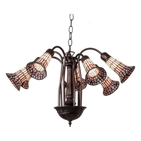Oakestry 26 Inch Wide Tiffany Pond Lily 7 Light Chandelier Stained Glass Floral Ceiling Fixture Vintage Art Deco Hanging Lamp Antique Style Lighting for Dining Room Living Room