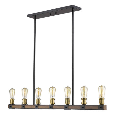 Oakestry Kirkland 7-Light Linear Chandelier – Ashen Barnboard Steel Frame with Exposed Bulbs, Rustic Restoration Pendant Lighting for Kitchen & Dining Room