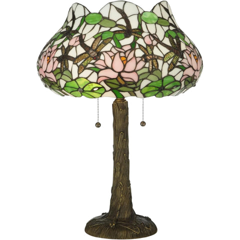 Oakestry 22.5" Dragonfly Flower Table Lamp, White Pink Green Stained Glass with Brown Dragonfly, Mahogany Bronze Base, Floral Lighting