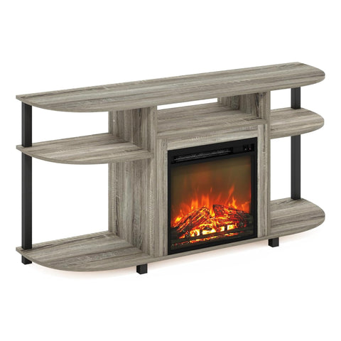 Oakestry Open Storage Curved Entertainment Center Stand with Electric Fireplace for TV up to 55 Inches, Modern Media Console with LED Flames & Shelves, Stylish Living Room Furniture (Freanch Oak Grey)