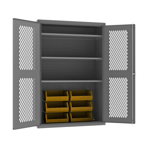 Oakestry Heavy Duty Cabinet 14 Gauge 48 x 24 x 72 3 Adjustable Shelves 6 Yellow Bins Flush Ventilated Doors Lockable Chrome Handle with Keys Gray