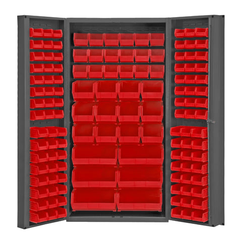 Oakestry Heavy Duty Cabinet 14 Gauge 36 x 24 x 72 132 Red Bins 4 Inch Deep Box Doors with Louvered Panel Lockable Chrome Handle with Keys Gray