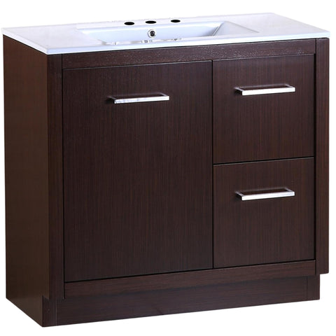 Oakestry 36" Single Sink Bathroom Vanity with Ceramic Top, Wenge Finish, Solid Birch Wood Cabinet, Freestanding Rectangle Sink