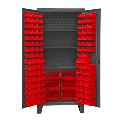 Oakestry Extra Heavy Duty Cabinet 12 Gauge 36 x 24 x 78 3 Adjustable Shelves 102 Red Bins Recessed Door with Louvered Panel Cast Iron Pad-Lockable Handle Gray