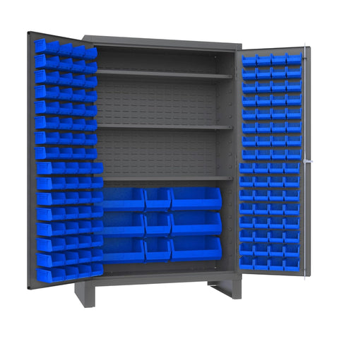 Oakestry Heavy Duty Cabinet 14 Gauge 48 x 24 x 78 3 Adjustable Shelves 137 Blue Bins Flush Doors Lockable Chrome Handle with Keys Gray