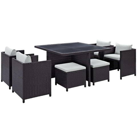 Oakestry Inverse 9 Piece Outdoor Patio Dining Set with White Cushions and Wicker Seating