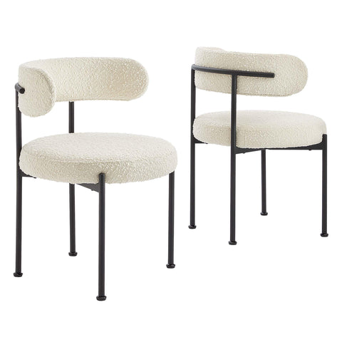 Oakestry Albie Boucle Fabric Dining Chairs Set of 2 Upholstered Seat Back Cushioned Metal Frame Dining Room Kitchen Seating Furniture Set Ivory Black