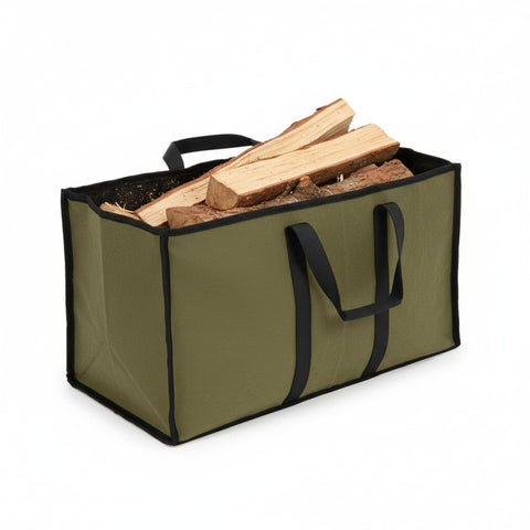 Oakestry Log Carrier and Garden Tote Bag, Olive Cotton Canvas Firewood Carrier with Water-Resistant Lining, Multi-Purpose Utility Tote