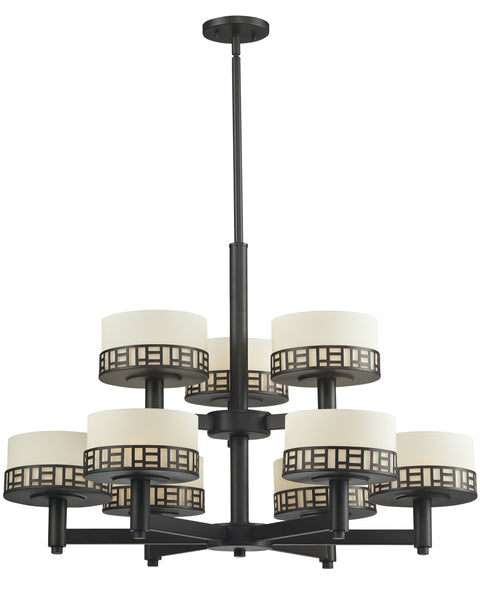 Oakestry Emily 9-Light Chandelier – Polished Nickel Steel Frame, Off-White Cloth Shades, Candelabra Bulbs, Elegant Transitional Lighting