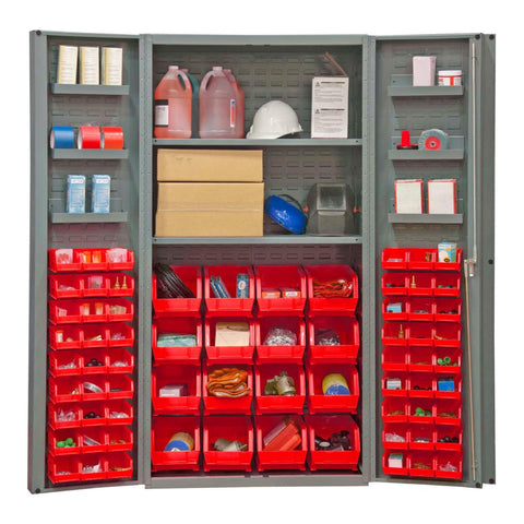 Oakestry Heavy Duty Cabinet 14 Gauge 36 x 24 x 72 2 Adjustable Shelves 64 Red Bins 4 Inch Deep Box Doors with Louvered Panel 6 Door Shelves Lockable Chrome Handle with Keys Gray