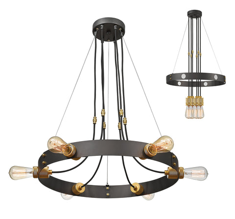 Oakestry 6 Light Chandelier Bronze Steel Contemporary Utilitarian Urban Architectural Ceiling Lighting Fixture for Dining Room Foyer Great Room Hallway Kitchen Modern Home Decor Hanging Light