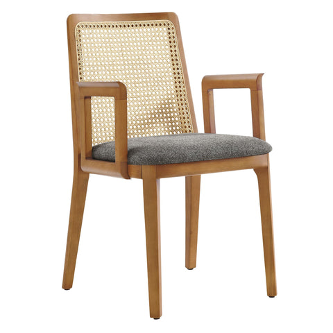 Oakestry Monarch Wood and Rattan Dining Armchair Modern Farmhouse Cane Back Upholstered Fabric Seat Solid Beech Wood Frame Armrest Accent Chair Dining Living Room Furniture