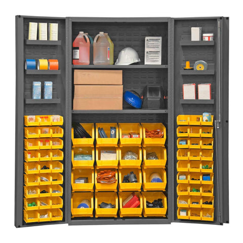 Oakestry Heavy Duty Cabinet 14 Gauge 36 x 24 x 72 2 Adjustable Shelves 64 Yellow Bins 4 Inch Deep Box Doors with Louvered Panel 6 Door Shelves Lockable Chrome Handle with Keys Gray