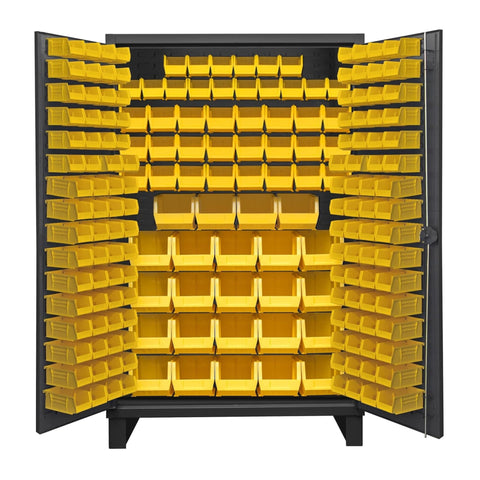Oakestry Extra Heavy Duty 12-Gauge Steel Storage Cabinet with 192 Bins, Recessed Locking Louvered Doors, Cast Iron Padlock Handle, Industrial Garage Workshop Organizer (Grey, Yellow)