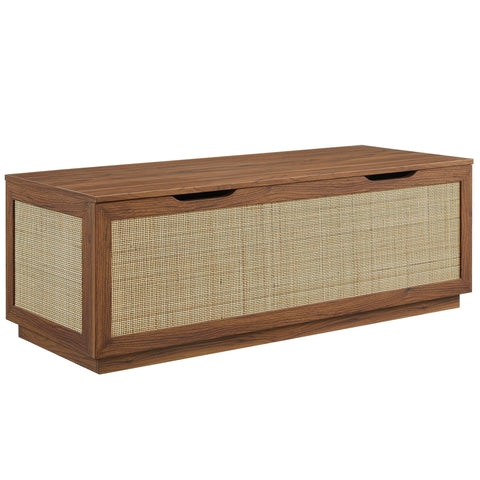 Oakestry Soma 47" Rattan Storage Bench, Walnut Faux Rattan Entryway Bench with Flip-Top Storage for Bedroom, Entryway & Living Room