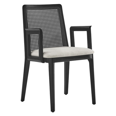 Oakestry Monarch Wood and Rattan Dining Armchair Cane Back Upholstered Fabric Seat Beech Wood Frame Armrest Dining Accent Chair Living Room Kitchen Hospitality Seating Furniture