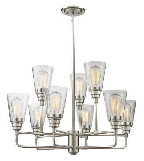 Oakestry 9 Light Chandelier Brushed Nickel Steel Clear Contemporary Utilitarian Ceiling Lighting Fixture for Dining Room Foyer Great Room Hallway Kitchen Modern Home Decor Hanging Light
