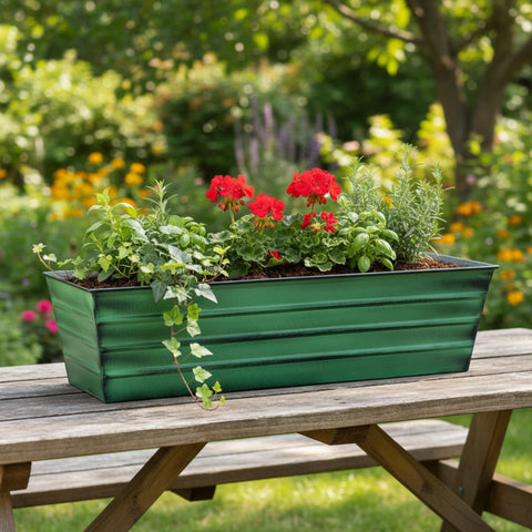 Oakestry Large Green Galvanized Steel Flower Box Planter, 35.25" Rectangular Outdoor Planter for Balcony, Railing, Patio & Garden