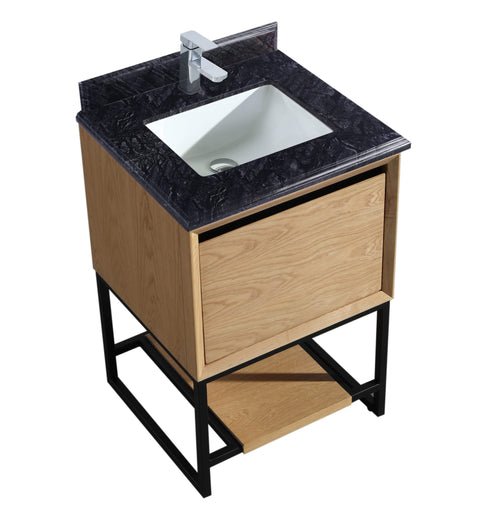 Oakestry Alto 24 Inch Bathroom Vanity California White Oak Cabinet Black Marble Countertop Modern Single Sink Freestanding Storage Soft Close Doors Compact Small Space Washroom