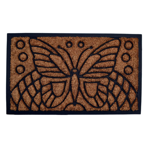 Oakestry Rubber Back Coir Doormat Butterfly Design 18 x 30 Inch Natural Coconut Fiber Entry Mat Non Slip Backing Heavy Duty Indoor Outdoor Front Door Porch Dirt Trapper Decorative Welcome Rug